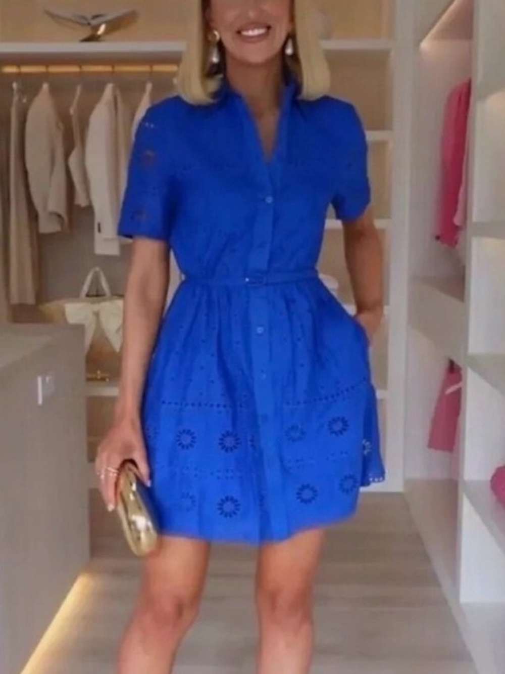 Zara Royal Blue Eyelet Mini Shirt Dress